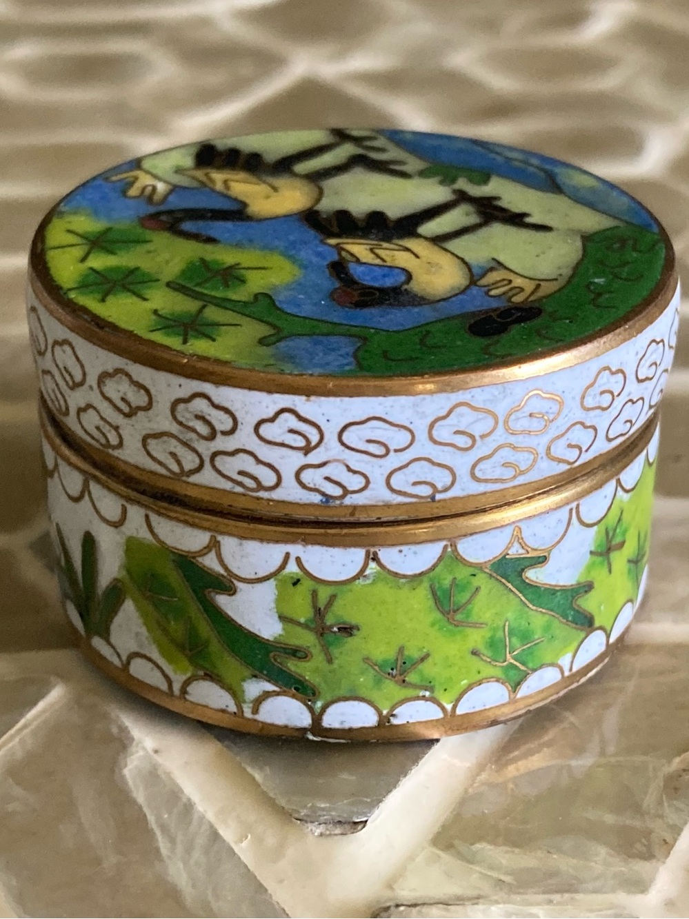 Chinese Brass Cloisonné Whooping Crane Pill/Trinket Box